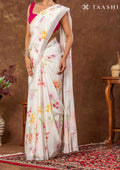 Off White Floral Printed Crepe Saree - Taashi