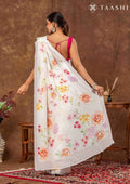 Off White Floral Printed Crepe Saree - Taashi