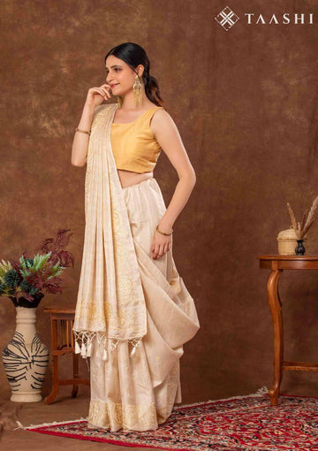 Beige Tussar Contemporary Floral Embroidered Saree