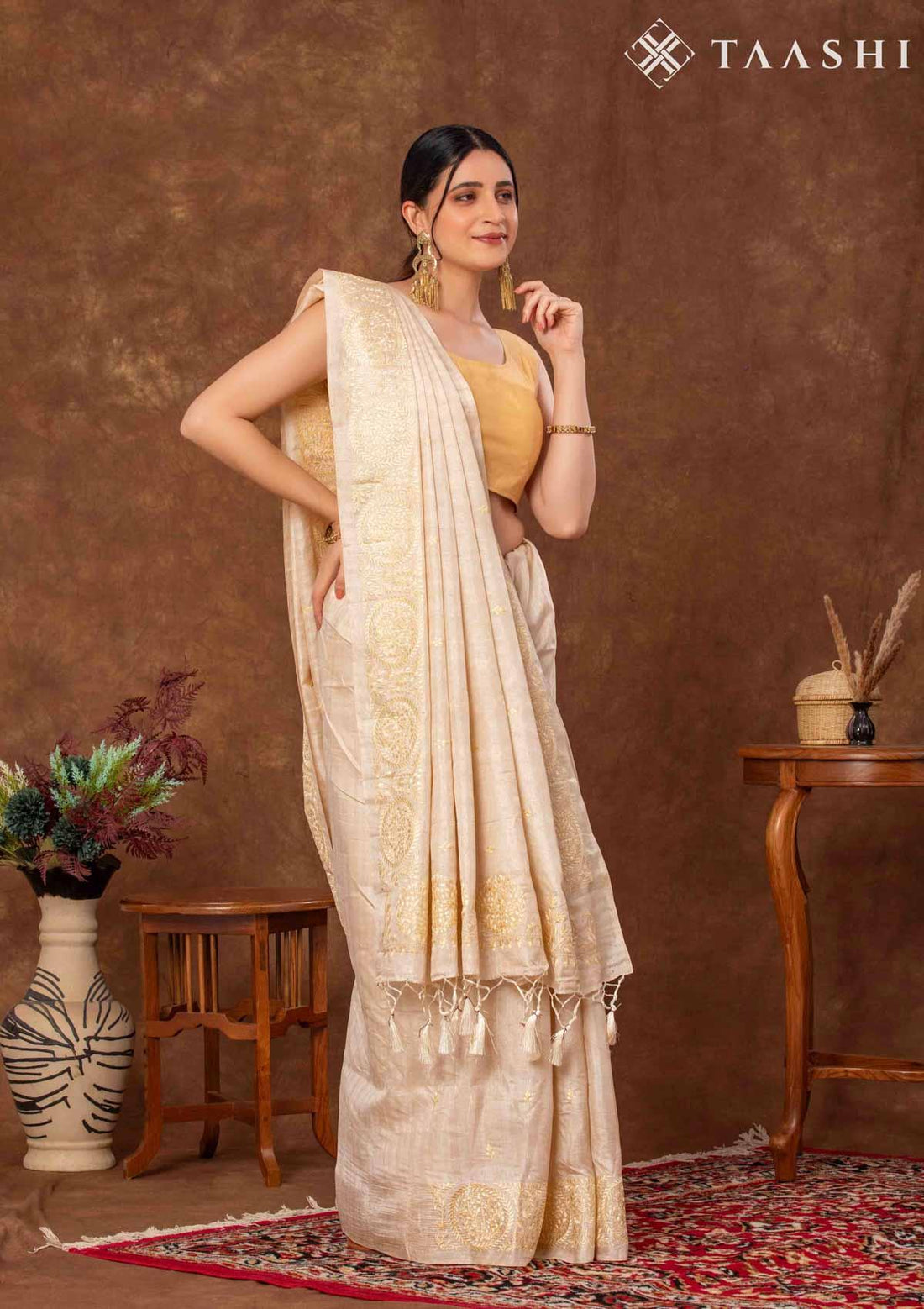 Beige Tussar Contemporary Floral Embroidered Saree