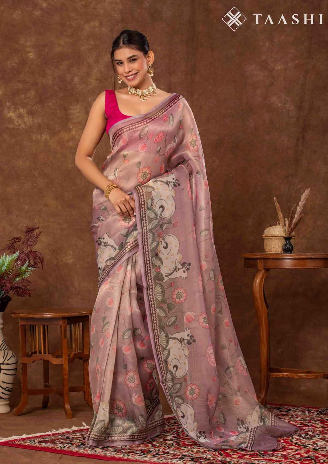Dusty Pink Tissue Pichwai Printed Saree