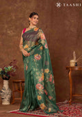 Green Floral Printed Tissue Organza Saree - Taashi
