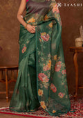 Green Floral Printed Tissue Organza Saree - Taashi