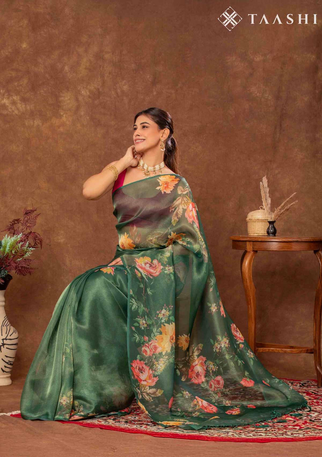 Forest Green Tissue Contemporary Printed Saree