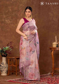 Pastel Pink Floral Printed Tissue Organza Saree - Taashi