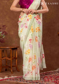 Pastel Green Floral Printed Crepe Saree - Taashi