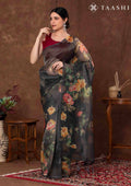 Black Floral Printed Tissue Organza Saree - Taashi