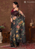 Black Floral Printed Tissue Organza Saree - Taashi