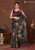 Black Floral Printed Tissue Organza Saree - Taashi