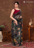 Black Floral Printed Tissue Organza Saree - Taashi