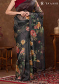 Black Floral Printed Tissue Organza Saree - Taashi