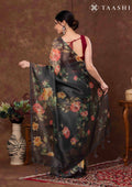 Black Floral Printed Tissue Organza Saree - Taashi