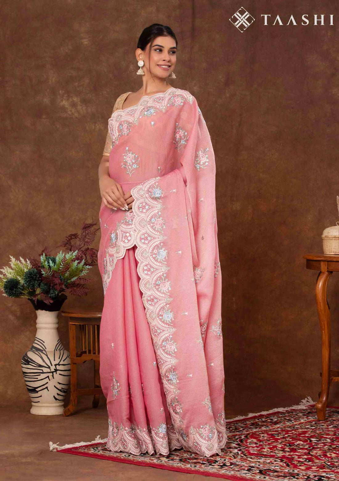 Dusty Pink Tissue Contemporary Embroidered Saree