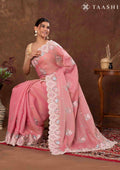 Dusty Pink Floral EmbroideRed Tissue Saree - Taashi