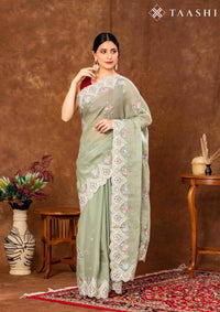 Sage Green Tissue Contemporary Embroidered Saree