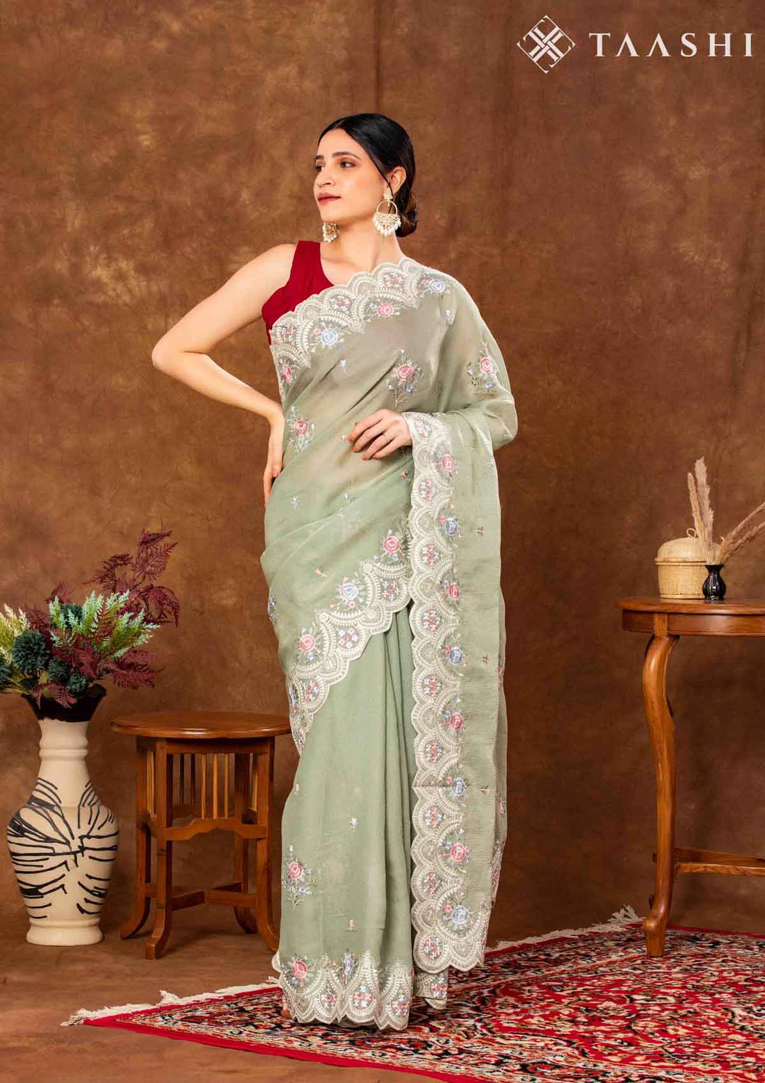 Sage Green Tissue Contemporary Embroidered Saree