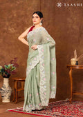 Sage Green Floral EmbroideRed Tissue Saree - Taashi