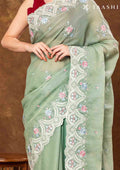 Sage Green Floral EmbroideRed Tissue Saree - Taashi