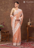 Dusty Orange Floral EmbroideRed Tissue Saree - Taashi