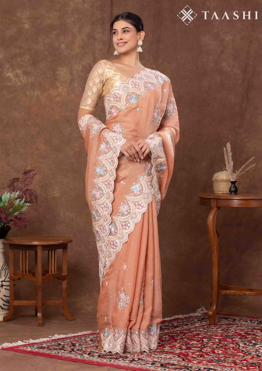 Peach Tissue Contemporary Embroidered Saree