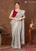 Grey Floral EmbroideRed Tissue Saree - Taashi