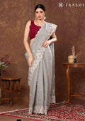 Grey Floral EmbroideRed Tissue Saree - Taashi