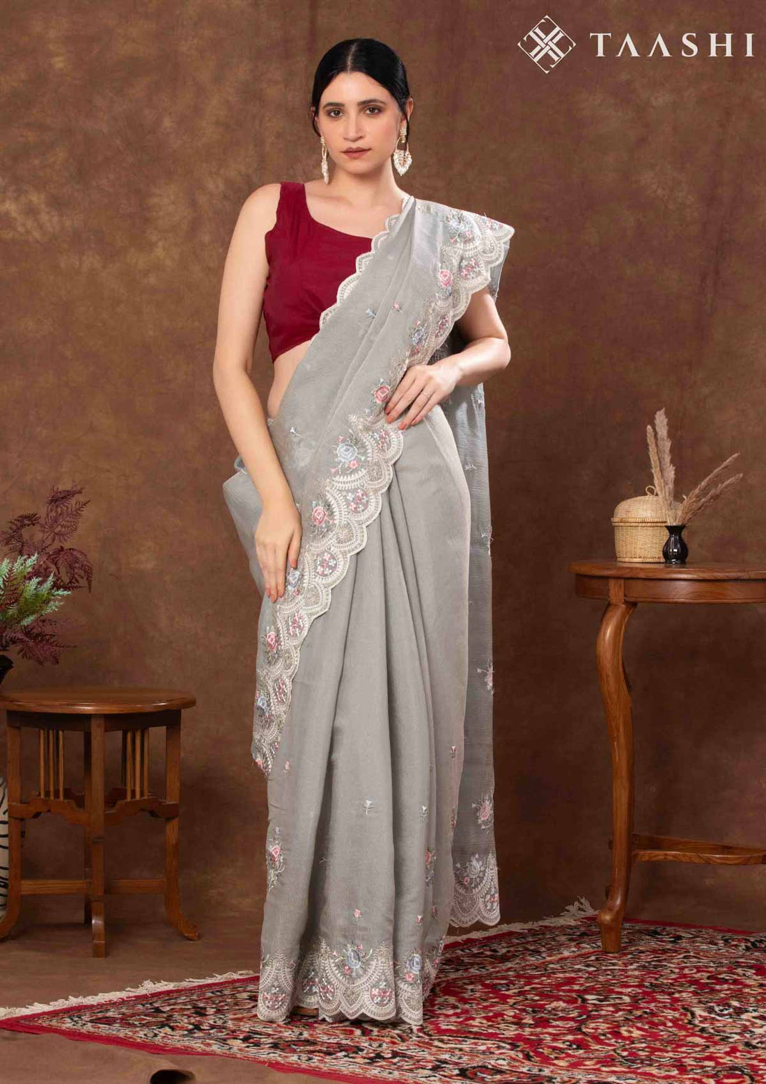 Grey Tissue Contemporary Embroidered Saree