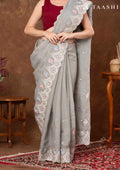 Grey Floral EmbroideRed Tissue Saree - Taashi