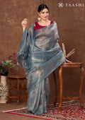 Dusty Blue Color Nature InspiRed Printed Tissue Organza Saree - Taashi