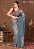 Dusty Blue Color Nature InspiRed Printed Tissue Organza Saree - Taashi