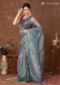 Dusty Blue Color Nature InspiRed Printed Tissue Organza Saree - Taashi