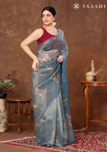 Dusty Blue Color Nature InspiRed Printed Tissue Organza Saree - Taashi