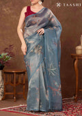 Dusty Blue Color Nature InspiRed Printed Tissue Organza Saree - Taashi