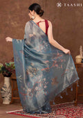 Dusty Blue Color Nature InspiRed Printed Tissue Organza Saree - Taashi