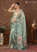Dusty Green Color Nature InspiRed Printed Tissue Organza Saree - Taashi