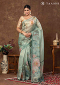 Dusty Green Color Nature InspiRed Printed Tissue Organza Saree - Taashi