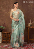 Dusty Green Color Nature InspiRed Printed Tissue Organza Saree - Taashi