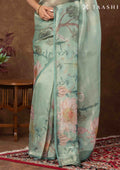 Dusty Green Color Nature InspiRed Printed Tissue Organza Saree - Taashi