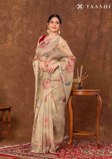 Beige Tissue Contemporary Printed Saree