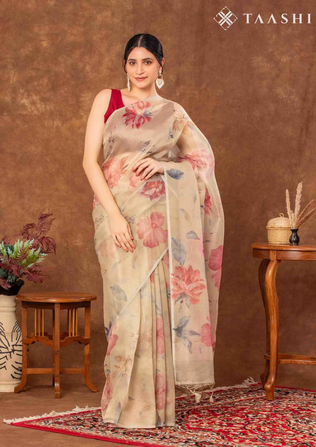 Beige Tissue Contemporary Printed Saree