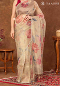 Pastel Yellow Floral Printed Tissue Organza Saree - Taashi