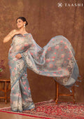 Dusty Blue Pichwai Painting InspiRed Printed Tissue Organza Saree - Taashi