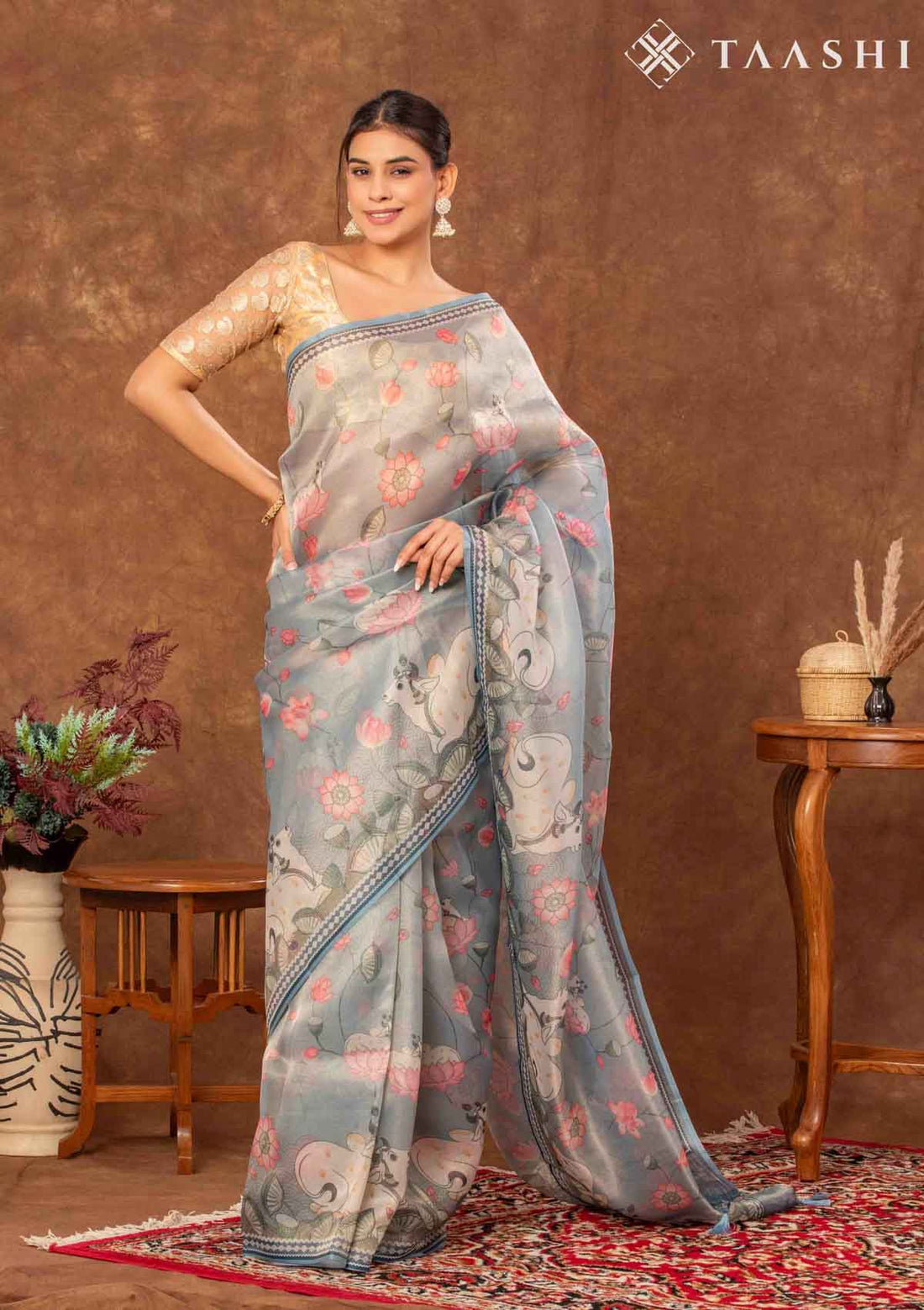Dusty Blue Tissue Pichwai Printed Saree