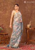 Dusty Blue Pichwai Painting InspiRed Printed Tissue Organza Saree - Taashi