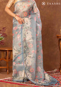 Dusty Blue Pichwai Painting InspiRed Printed Tissue Organza Saree - Taashi