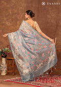 Dusty Blue Pichwai Painting InspiRed Printed Tissue Organza Saree - Taashi