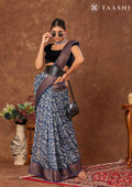 Indigo Peacock Floral Printed Chanderi Saree - Taashi