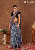 Indigo Peacock Floral Printed Chanderi Saree - Taashi