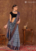 Indigo Peacock Floral Printed Chanderi Saree - Taashi