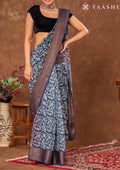 Indigo Peacock Floral Printed Chanderi Saree - Taashi